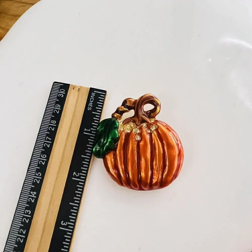 Vintage Brooch Pumpkin Thanksgiving Gold Orange Rhinestone Large Holiday 4355